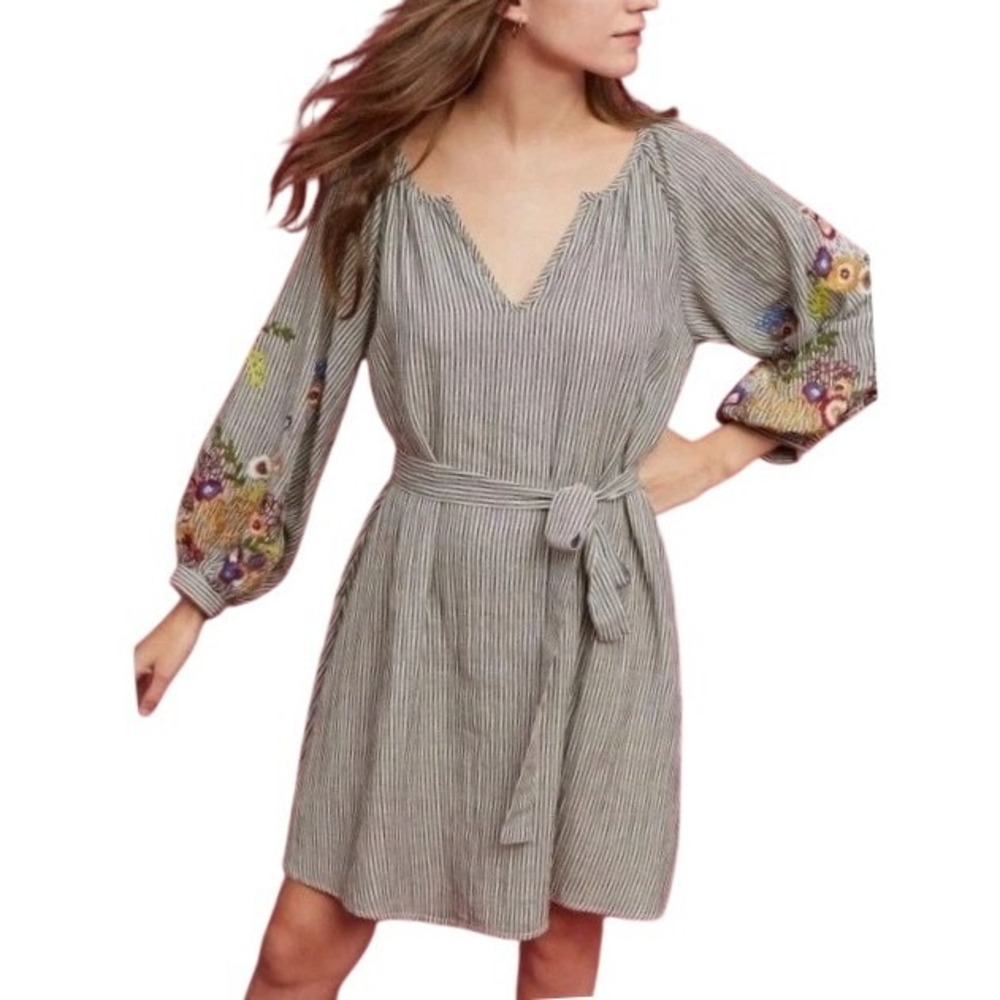 Feather Bone Anthropologie Mini Dress Black White Striped‎ Floral Boho Sz M